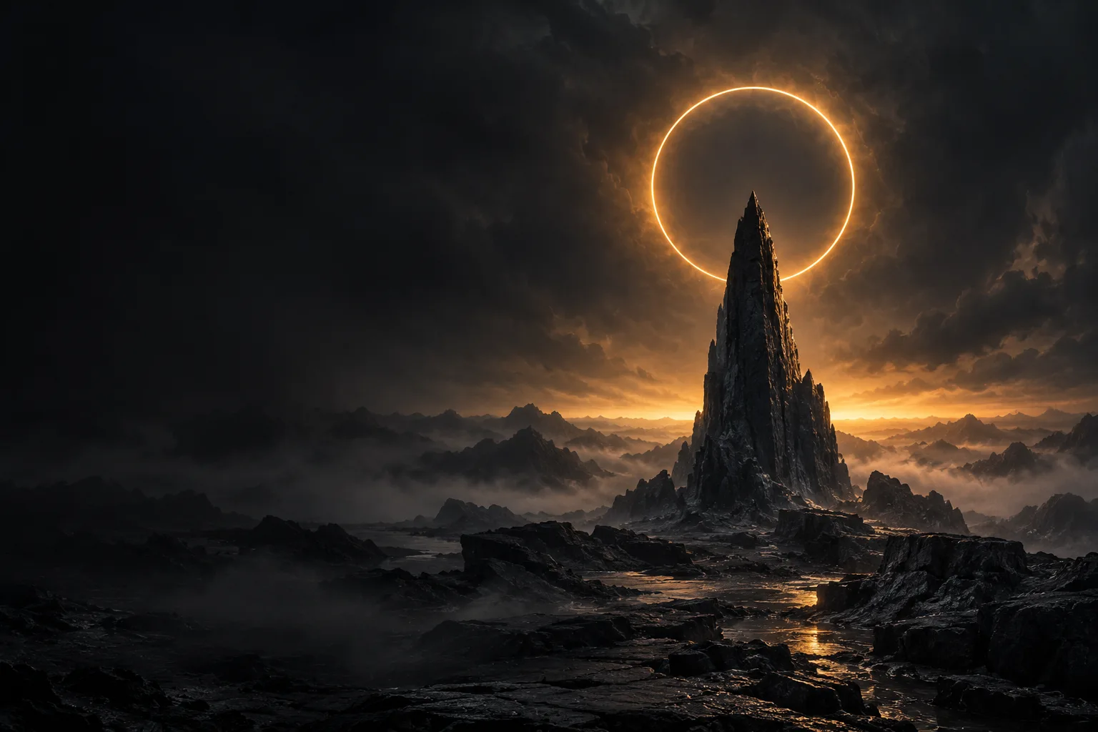 A dark stone monolith beneath a glowing amber ring